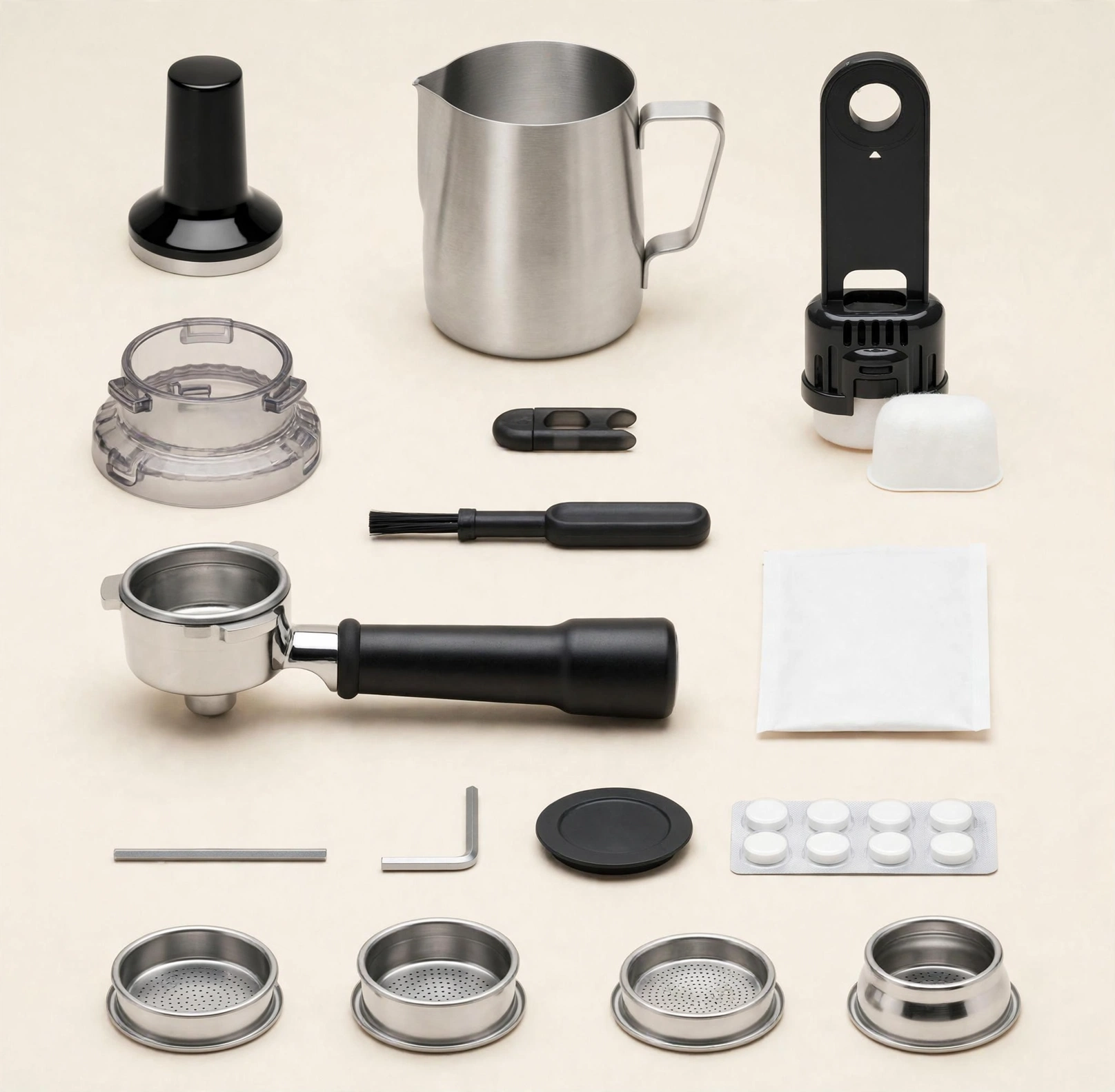 All of the Barista Express's removable parts — portafilter, steam wand tip, water tank, drip tray, filter baskets, bean hopper lid, and cleaning tools — laid out and washed.
