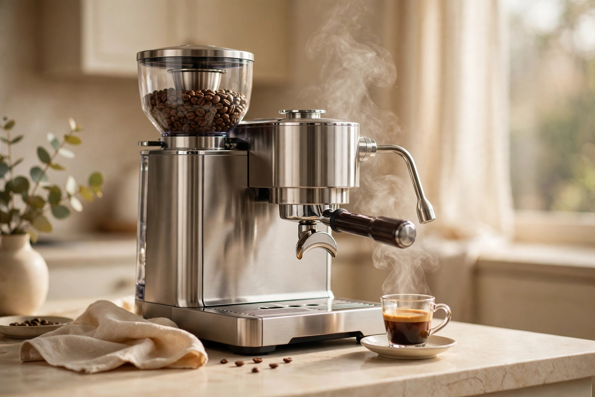 The Breville Barista Express on a warm kitchen counter with a fresh shot of espresso pulling into a cup.