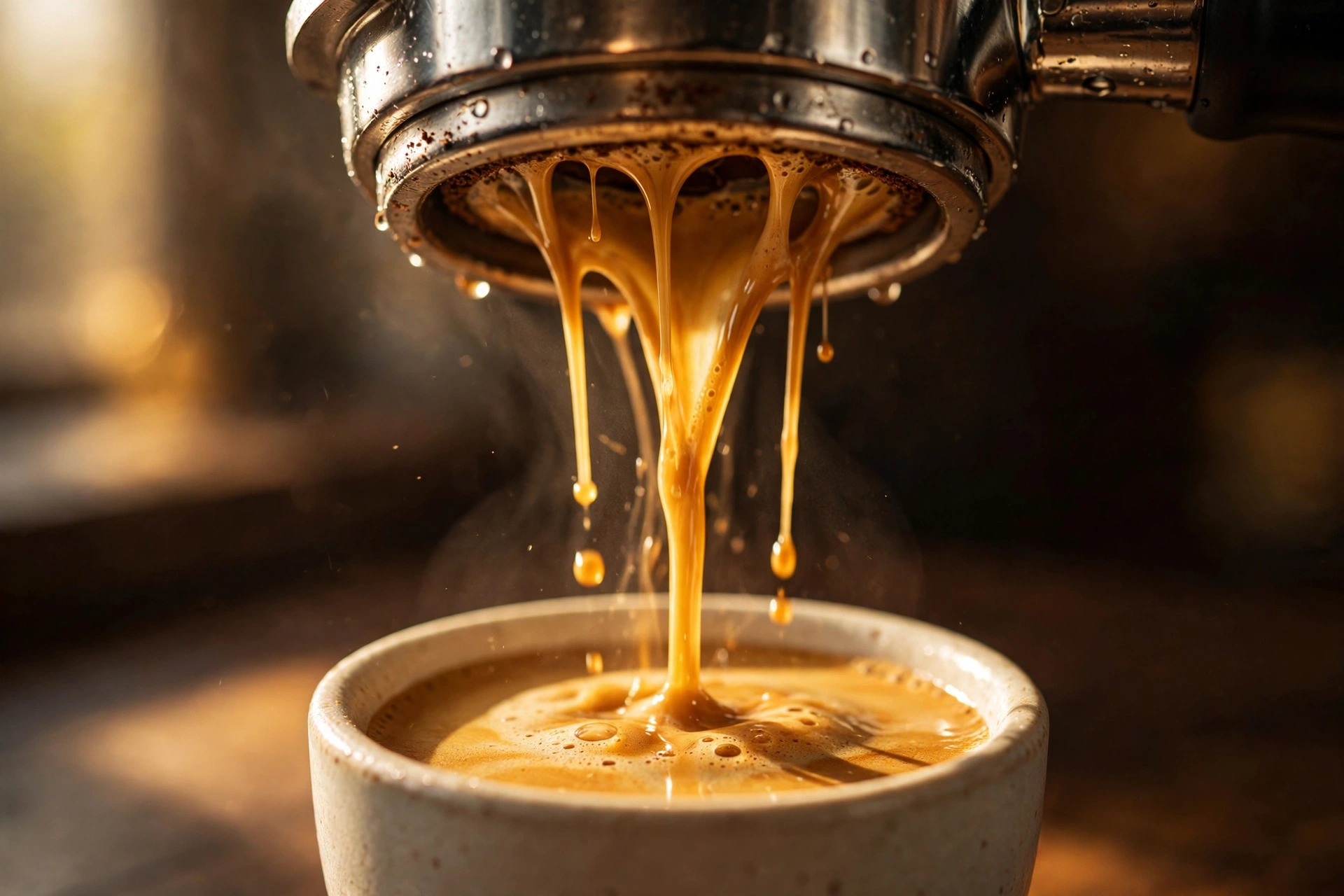 Golden crema pouring from the portafilter spouts into a cup.