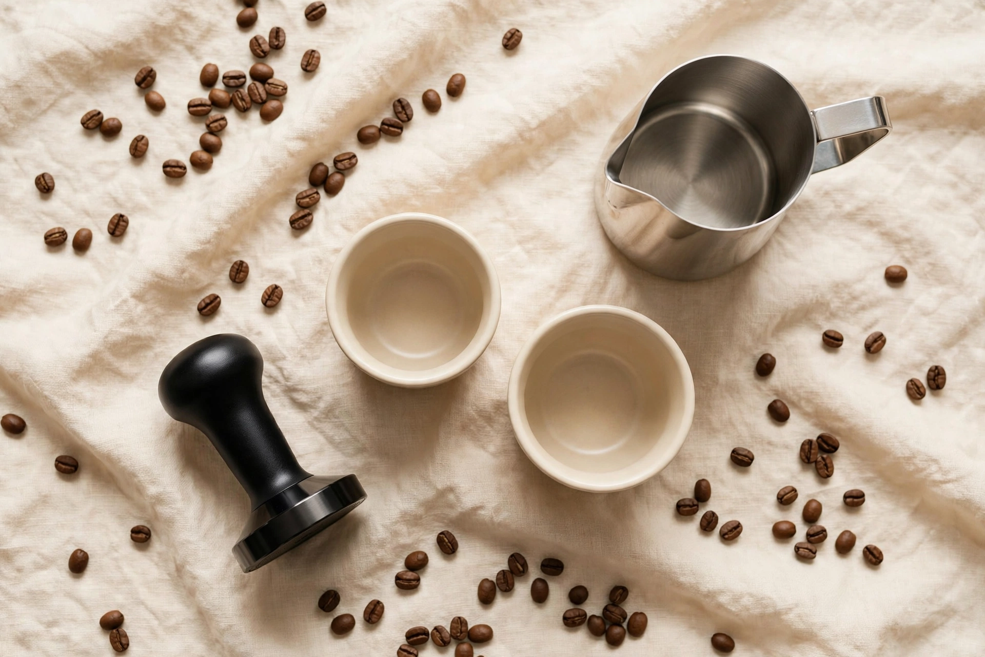 An overhead flat lay of coffee beans, a tamper, a milk pitcher, and two cups on cream linen.